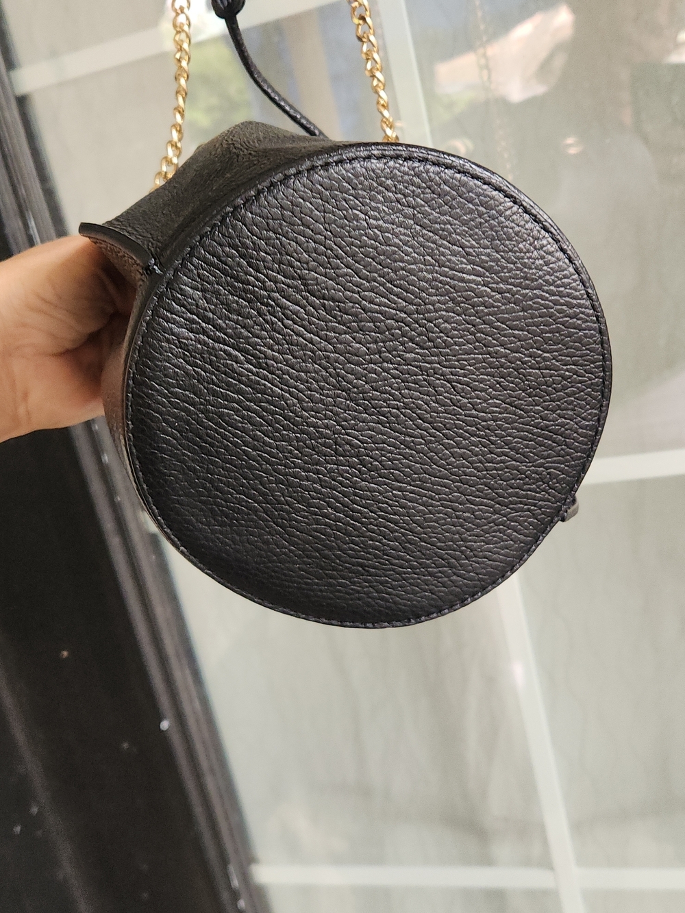 Black Leather Drawstring Bucket Bag with Chain Strap - Picture 7 of 10